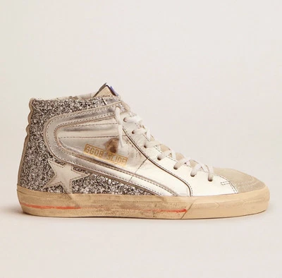 GOLDEN GOOSE Women’s ‘Slide’ Silver Glitter High Top Sneakers 37 / 7 $695+ NEW - Image 1 of 4