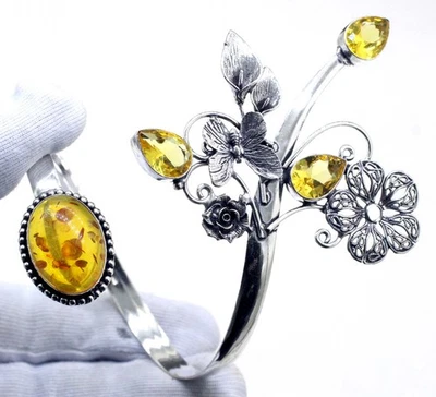 Brazalete brazalete de plata esterlina 925 con piedras preciosas de ámbar báltico tamaño-ADJ Foto 1 de 4