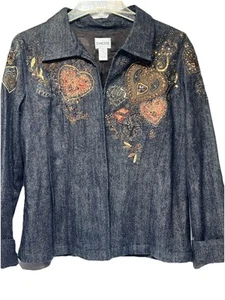 Chico's Beaded Embroidered Sequined Dark Blue Denim Jacket Size 2 (L) Hook Close - Picture 1 of 11