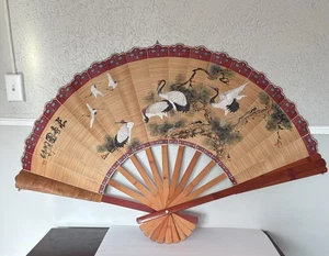 VTG XL Asian Wicker Wall Art Fan Hand Painted 60 x 35 Signed ~Amazing Condition - Picture 1 of 13