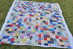 VTG Patchwork Handmade Quilt Geometric Squares Fully Finished 75"x85" Tied Tack - Picture 1 of 9