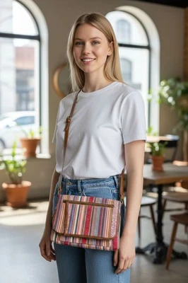 Camiseta e jeans Serape bolsa tiracolo lindo tecido colorido - Imagem 1 de 4