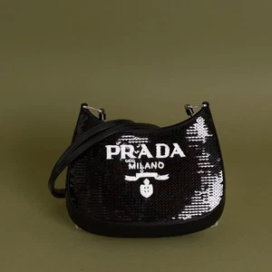 Prada Sequin Logo Cleo Shoulder Bag, Black White 9153 - Picture 1 of 6