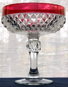 Indiana Glass Clear Ruby Flash Band Diamond Point Compote Footed Candy Bowl - Picture 1 of 5
