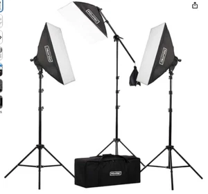 Fovitec 3-Light Fluorescent Studio Lighting Kit w/ Boom arm, 20"x28" Softboxes - Picture 1 of 7