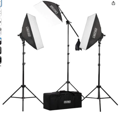 Fovitec 3-Light Fluorescent Studio Lighting Kit w/ Boom arm, 20"x28" Softboxes - Image 1 of 4