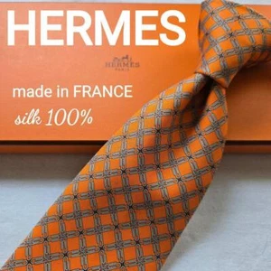 HERMES Neck Tie Orange H Pattern 100%Silk France No BOX FromJapan - Picture 1 of 6