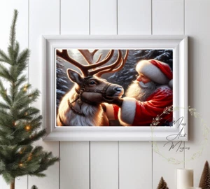 Santa Claus and Reindeer Christmas Holiday wall Art Matte poster painting print - Picture 1 of 3