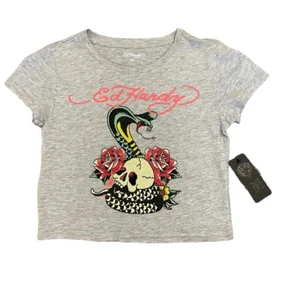 Ed Hardy Rose Cobra Women’s Graphic Crop T-Shirt Gray Size Medium Rhinestones - Picture 1 of 5