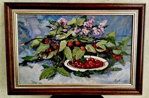 Vitaly AKIMENKO RARE TABLEAU « NATURE MORTE AUX CERISES » RUSSE ,SIGNÉ , 1991  - Photo 1/12