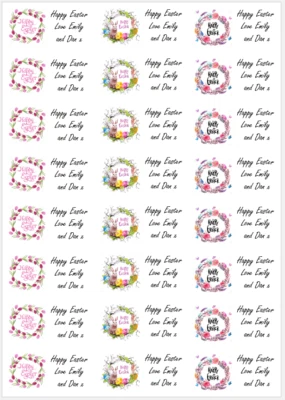 48 x Happy Easter Personalised Stickers Labels Party Bags Sweet Cones Egg Hunt