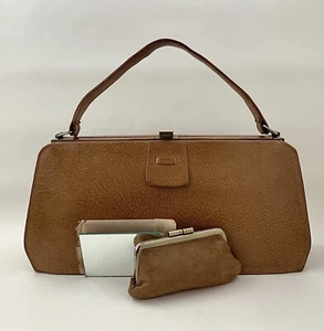 Bolso de Mano Vintage Años 1940 Piel de Cerdo Bronceado Cuero Con Revestimiento de Gamuza y Espejo - Imagen 1 de 22