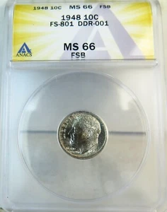 1948 Roosevelt dime ANACS MS66FSB *FS 801 DDR-001* BR - Picture 1 of 3