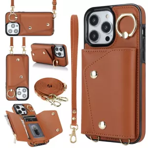 Portafoglio a tracolla in pelle flip card slot anello supporto telefono per iPhone Samsung - Foto 1 di 92