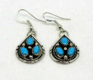 Native American Navajo Daisy Joe Turquoise Cluster Dangle Earrings Silver #328 - Picture 1 of 6