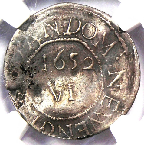 1652 Massachusetts Oak Tree Silver Sixpence 6P - Certified NGC VF Details Cover