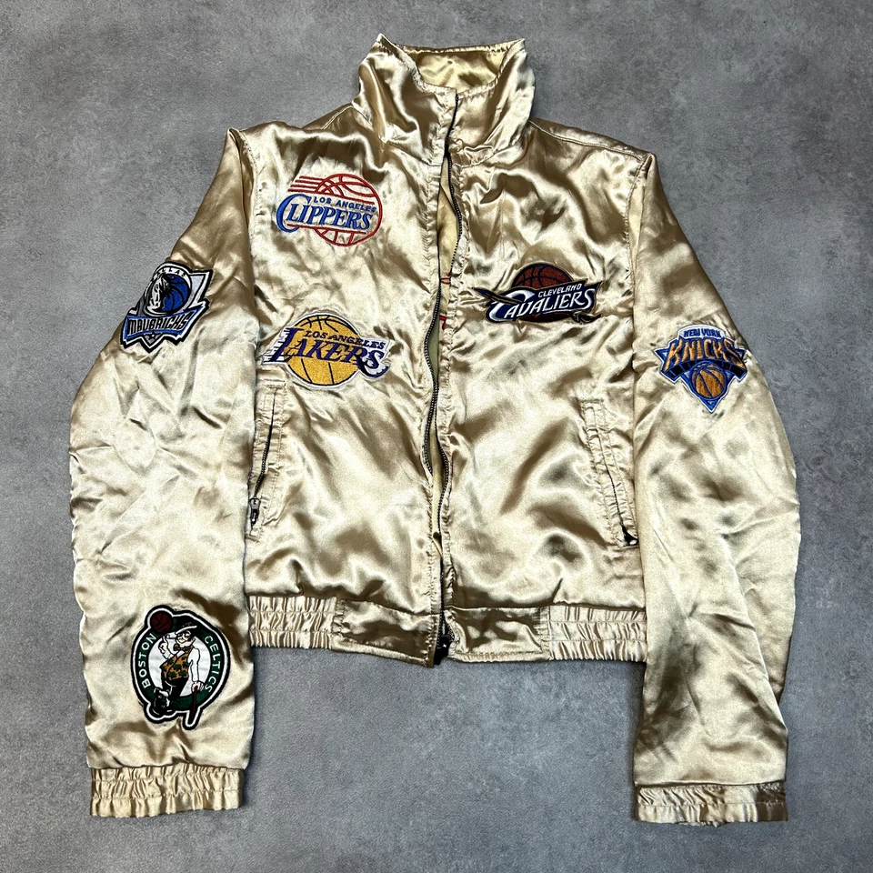NBA Dia Satin Bomber Jacket Womens Small All Over Print Reversible Coat, Gold - Image 1 of 4