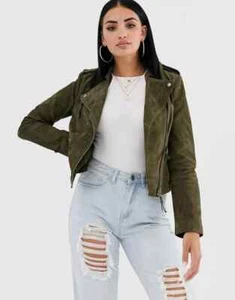 Chaqueta clásica de cuero de gamuza verde hecha a mano para motociclista de motociclista para mujer - Imagen 1 de 8