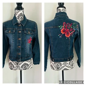 Arizona Girls Vintage 90s Embroidered Butterfly Floral Blue Denim Jacket Size L - Picture 1 of 11