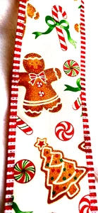 Gingerbread 2.5" by 2 yard Wired Ribbon Candy Canes Red Green Accents Christmas - Picture 1 of 6