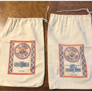 SET 2 BAUMWOLLE GEBLEICHT MEHLSÄCKE BESCHRIFTET RIVER MILL MARKE INGWER & APFEL MUFFIN - Bild 1 von 5