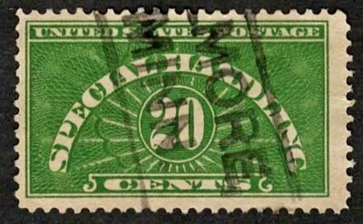 US 1928 #QE3 Special Handling 20c Yellow Green Elmore MN Box Cancel XF Used - Image 1 of 3