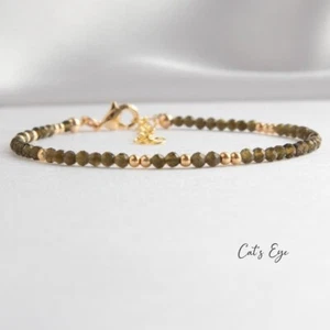 Green Cat's Eye Faceted Round Tiny Gold Filled Beads Serenity Bracelet 6-8" Gift - Picture 1 of 9