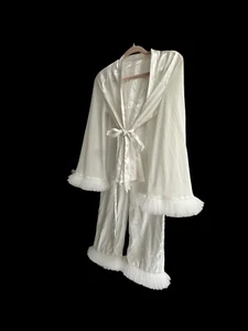 Fuzzy Trim Belted Satin Wedding  White Sheer PJ Set - Picture 1 of 13