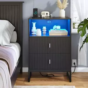 Nightstand With Charging Station And LED Light,Black Night Stand-JZH7 - Picture 1 of 6