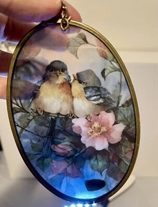 Vintage Glass Sun catcher Blue Birds and flowers. 4.5 X 3. Granny Cottage - Picture 1 of 14