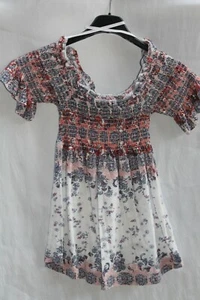Tunika Bluse Shirt XS 152 mehrfarbig blau weiß rost gerafft Carmen - Bild 1 von 4
