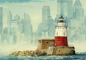 Robbins Reef Lighthouse, Kate's Light, NJ. Gerald Hill Aquarell Kunst Notizkarten - Bild 1 von 2