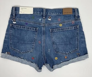 AMERICAN EAGLE Denim Shorts Womens 2 Cutoffs Cuffed Rainbow Embroidery NEW - Picture 1 of 11