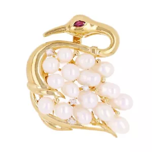 Colgante de broche vintage de oro amarillo de 14 K para pájaro cisne con perlas, rubí y diamantes - Imagen 1 de 4