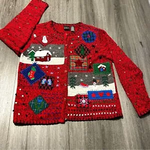 Vintage Red Embroidered Festive Holiday Cardigan Sz M Ugly Christmas Sweater - Picture 1 of 9