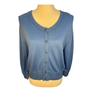 New York & Company Women’s Large Blue Button Front Cropped Cardigan - Picture 1 of 7