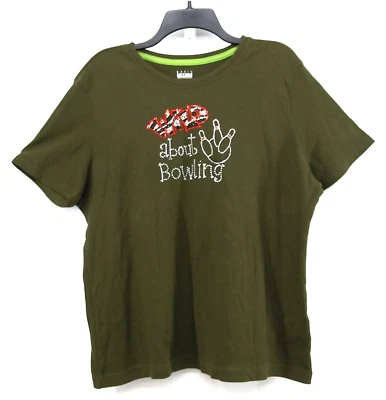 Basic Editions Shirt Womens Size XXL Olive Green Beaded Wild About Bowling Top - Image 1 of 4