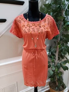 Madewell Women's Orange Drawstring Waist Eyelet Round Neck Fit & Flare Dress 4 - Picture 1 of 14