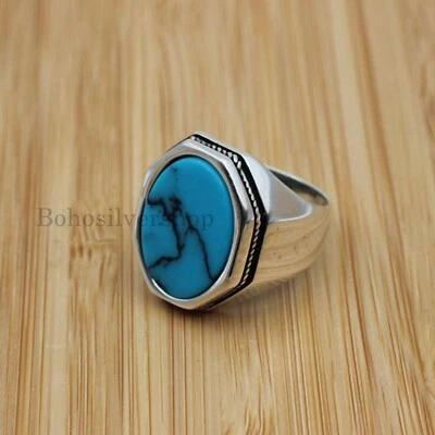 Мужские кольца ручной работы из стерлингового серебра 925 пробы с голубой бирюзой #377 - Изображение 1 из 4