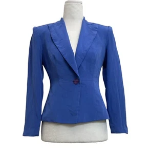 Hugo Buscati 100% Silk Cropped Cornflower Blue Single Button Blazer Jacket sz 2 - Picture 1 of 13