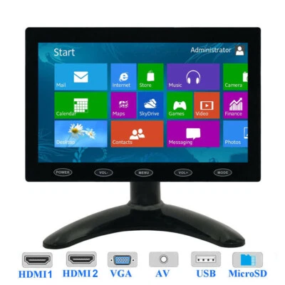 7" IPS LCD Screen 1024x600 PC CCTV Monitor HDMI1/HDMI2/VGA/USB/MicroSD/AV 1080P - Image 1 of 4