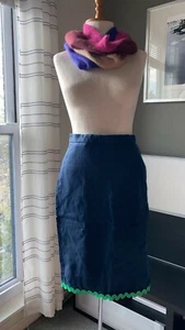 J. Crew Navy Blue Linen Pencil Skirt with Green Rickrack Trim US 2 - Picture 1 of 5