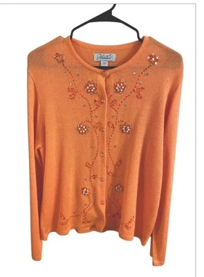 Haband Vintage Beaded Sweater. Button Front. Size large. Peachy Orange   - Image 1 of 4