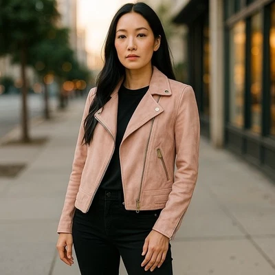 Chaqueta de moto BLANKNYC rosa pétalo gamuza cremalleras plateadas para mujer M Next Level Foto 1 de 4