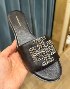 Tory Burch Scivolo Everly in pelle di capra impreziosito, nero, EDIZIONE LIMITATA - Foto 1 di 4
