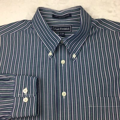 Paul Fredrick Dress Shirt Mens 17-34 Blue w/Green & White Stripes Long Sleeves - Image 1 of 4