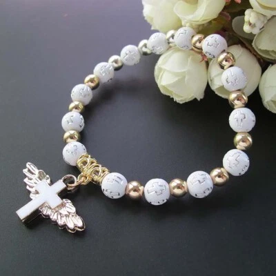 Bronzing Acrylic Cross Bead Bracelet Oil Drop Angel Cross Rosary Bracelet - Image 1 of 4
