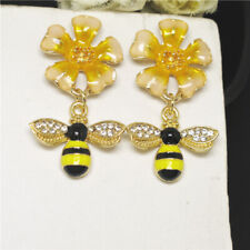New Fashion Women Yellow Enamel Cute Flower Bee Crystal Stand Earrings Gift