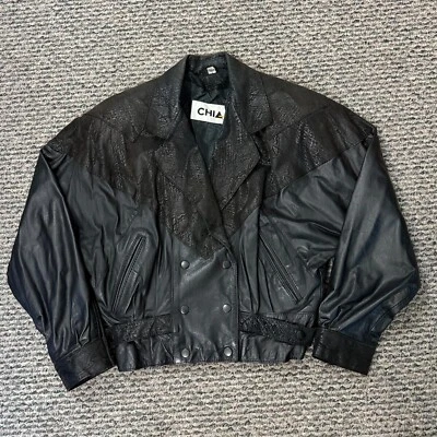 Винтажный Chia кожаная куртка женщин маленький черный укороченный с подкладкой карман 80-х мотоциклиста - Изображение 1 из 4