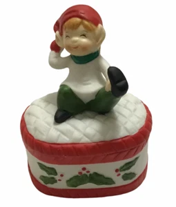 Porcelain Elf Pixie Christmas Oval Lidded Trinket Box 4"x 3"x2" Vintage - Picture 1 of 5